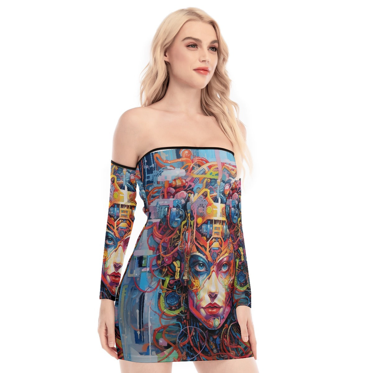 All-Over Print Women's Off-shoulder Back Lace-up Dress