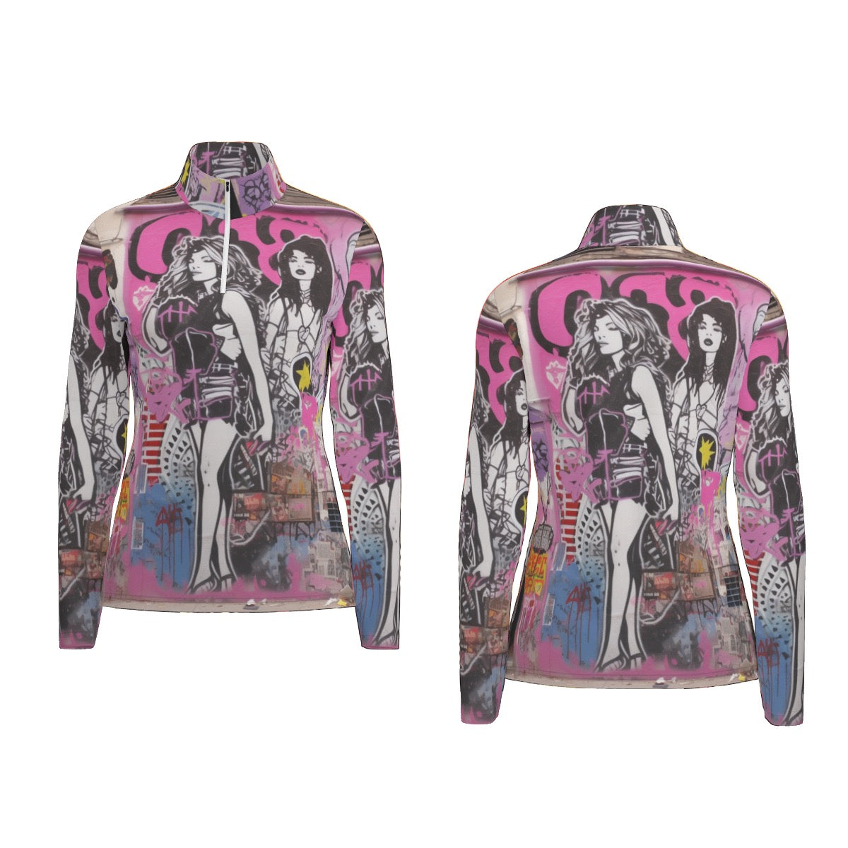 All-Over Print Women's Sports Collar Jersey With Long Sleeve