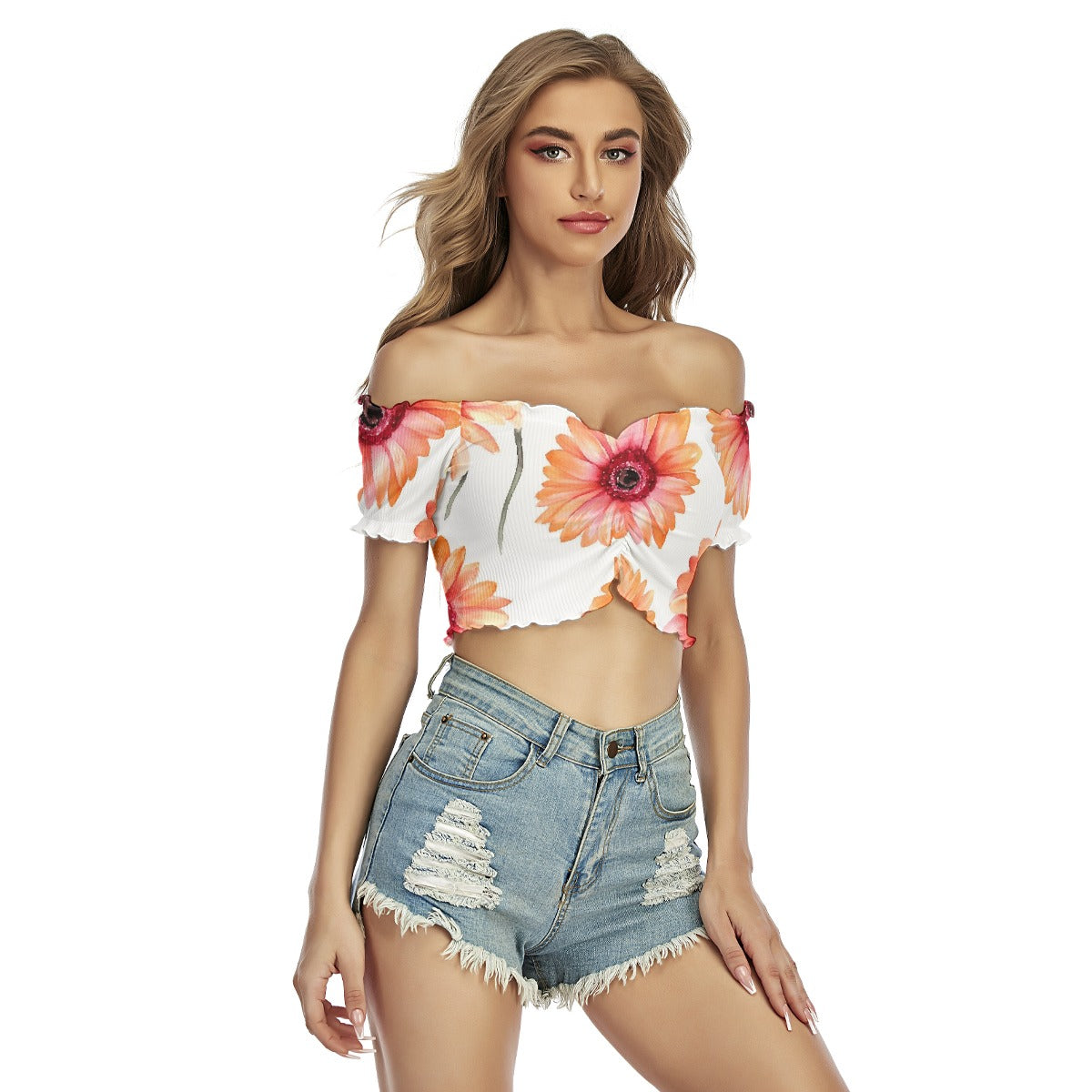 All-Over Print Women's One-shoulder Off-the-navel Short Sleeve T-shirt