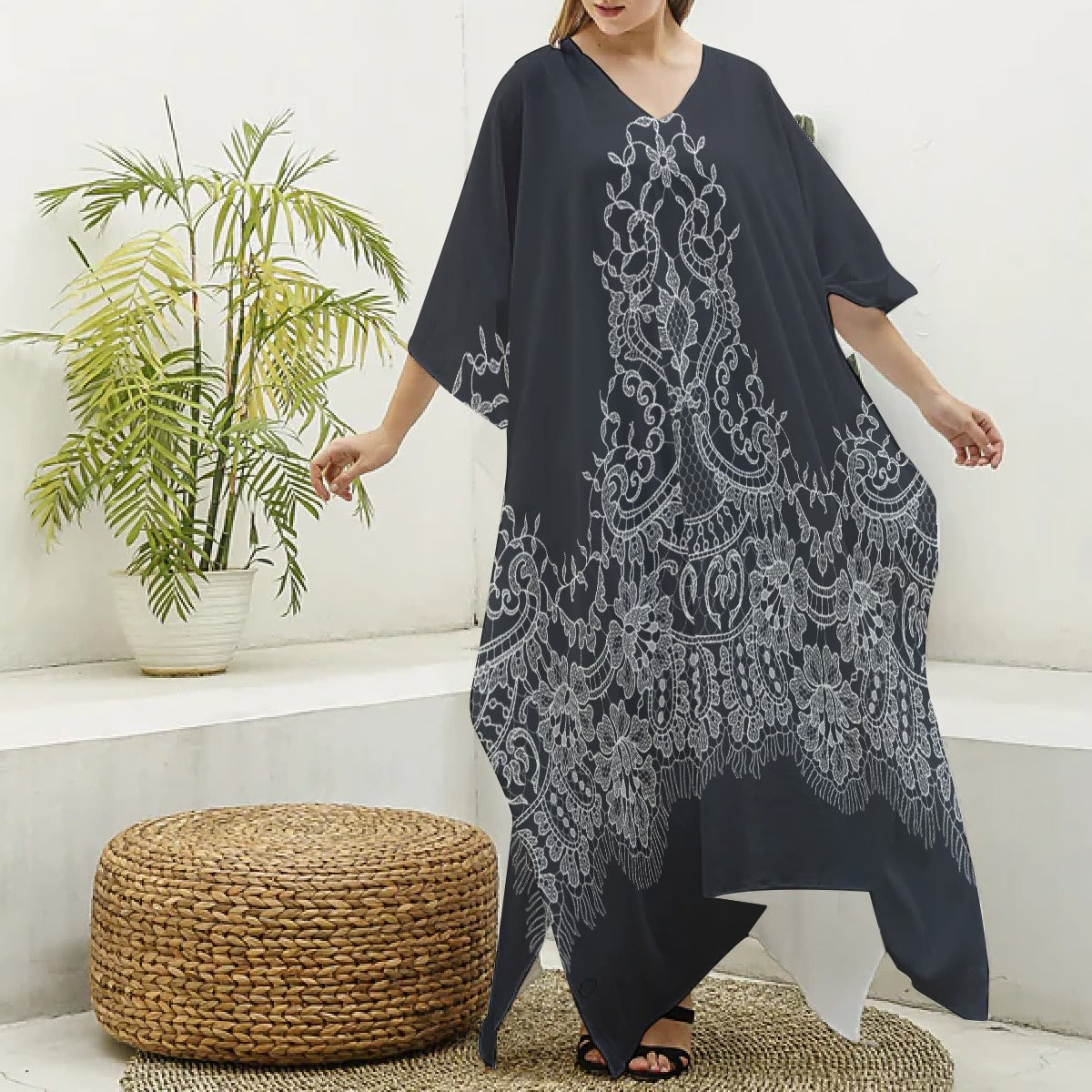 All-Over Print Women's Imitation Silk V-neck Kaftan Robe