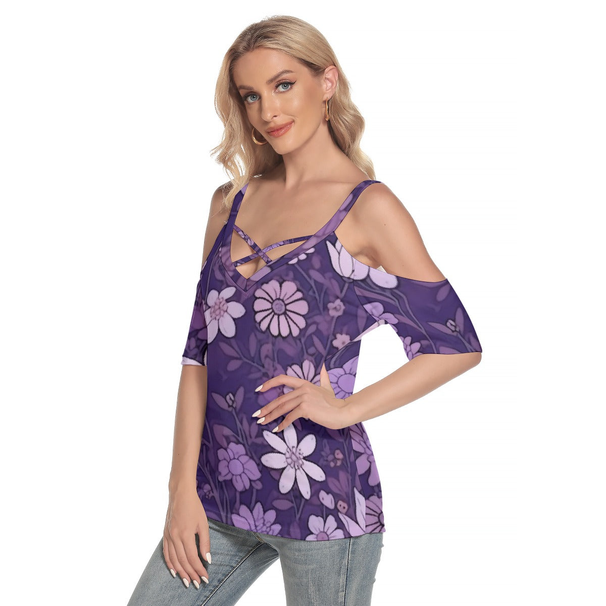 All-Over Print Women's Cold Shoulder T-shirt With Criss Cross Strips