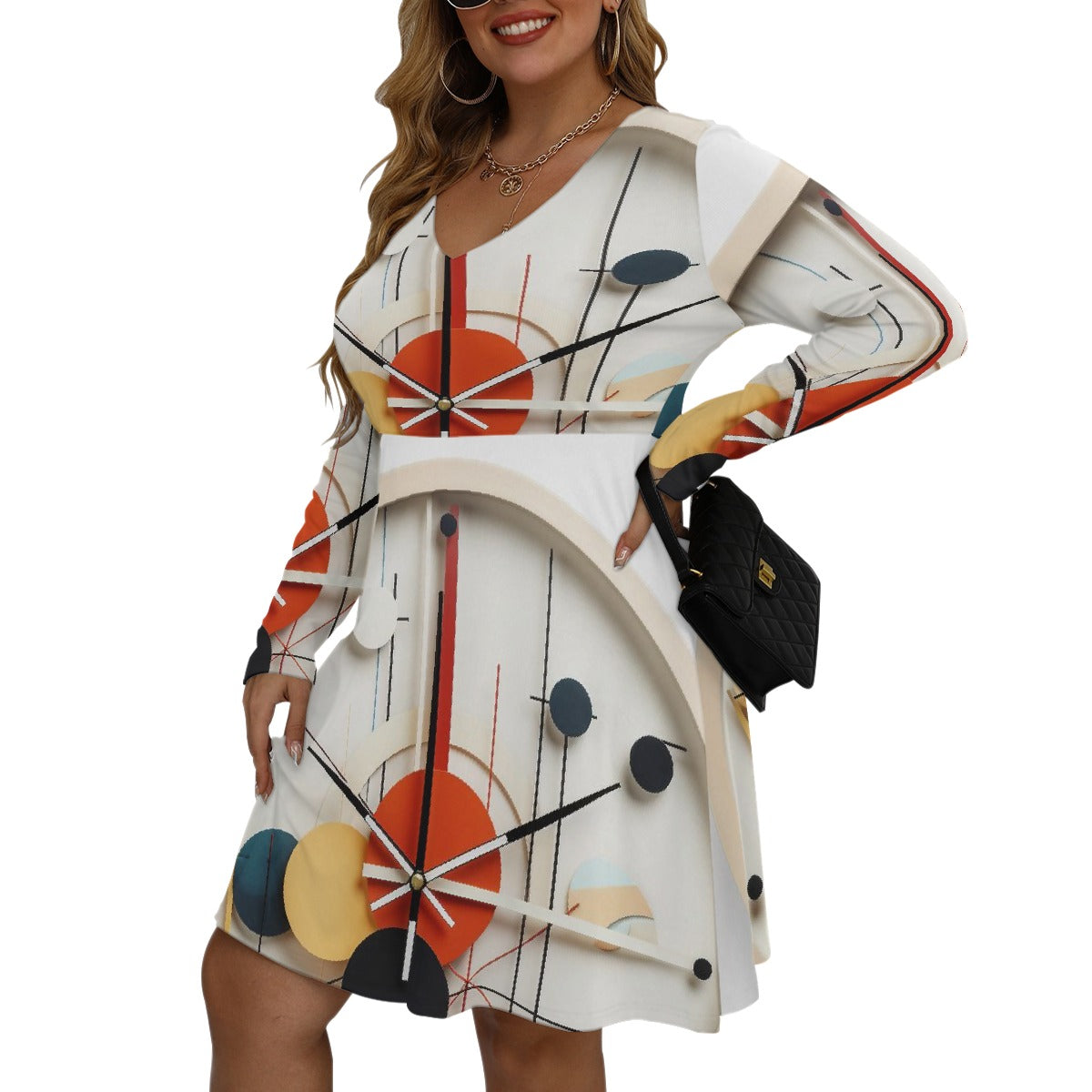 All-Over Print Women's V-neck Long Sleeve Dress(Plus Size)