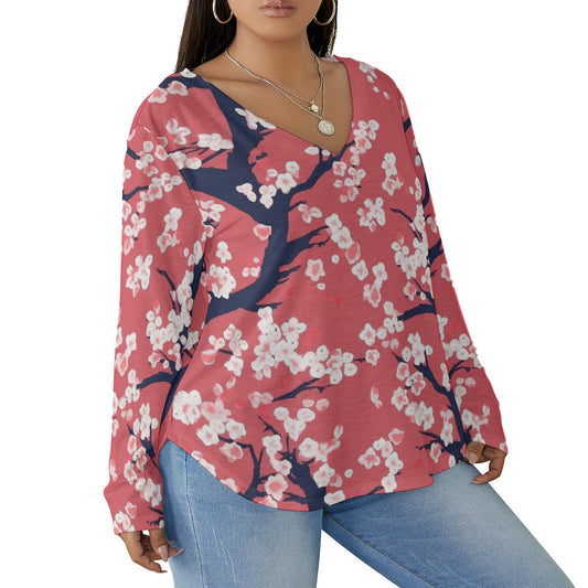 All-Over Print Women's V-neck T-shirt With Curved Hem(Plus Size)