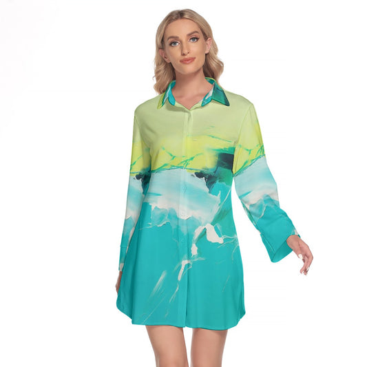 All-Over Print Women's Lapel Shirt Dress With Long Sleeve