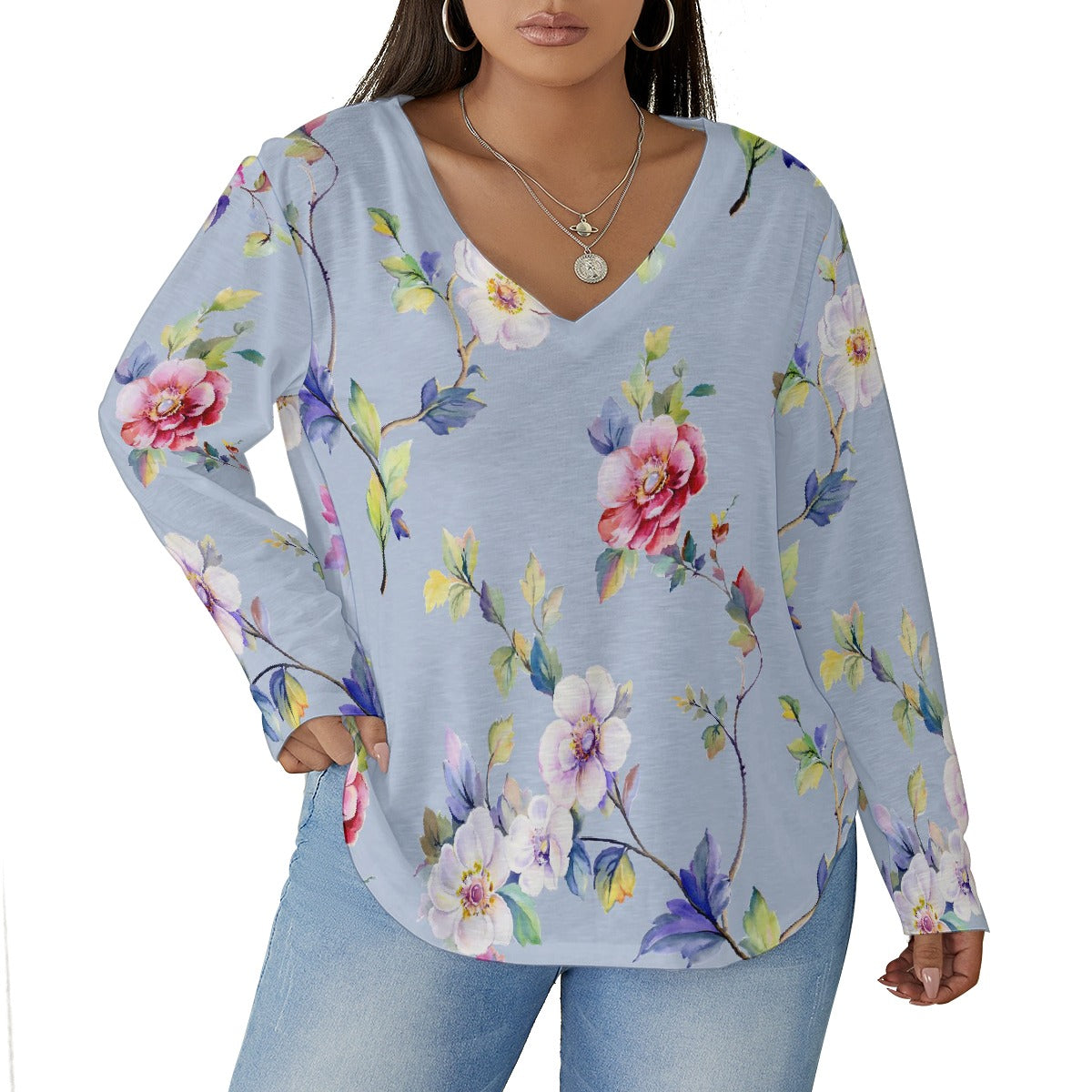 All-Over Print Women's V-neck T-shirt With Curved Hem(Plus Size)