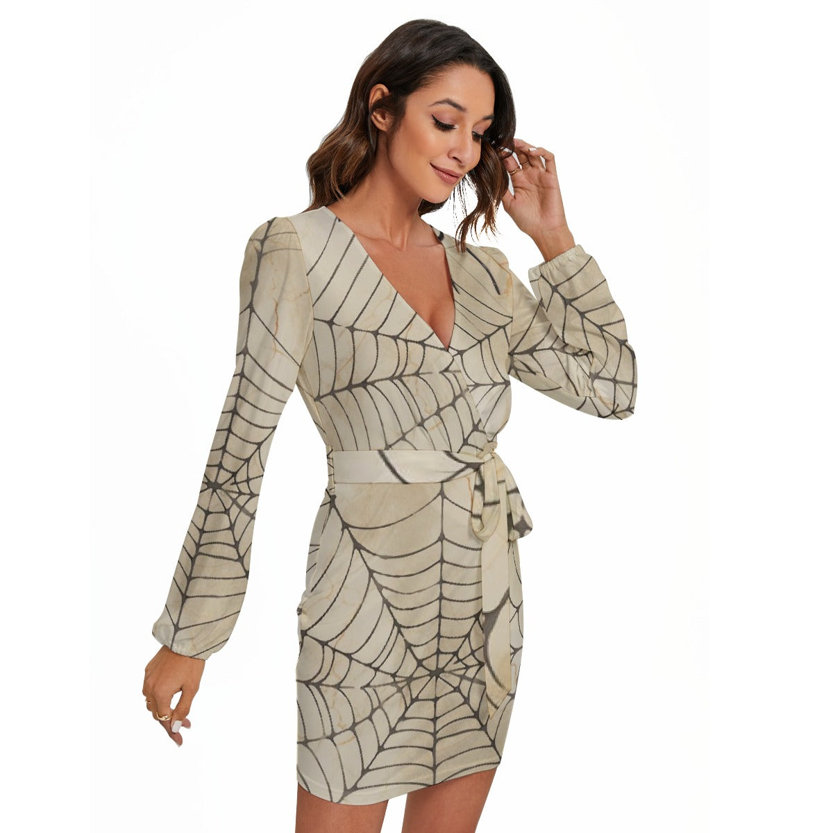 All-Over Print Women's Long Sleeve Dress With Waist Belt