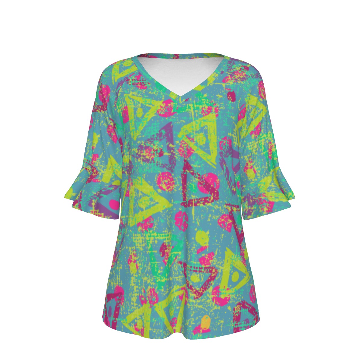 All-Over Print V-neck Women's T-shirt With Bell Sleeve