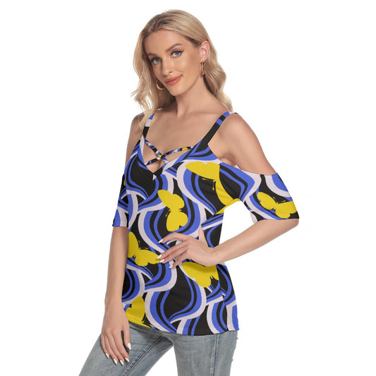 All-Over Print Women's Cold Shoulder T-shirt With Criss Cross Strips