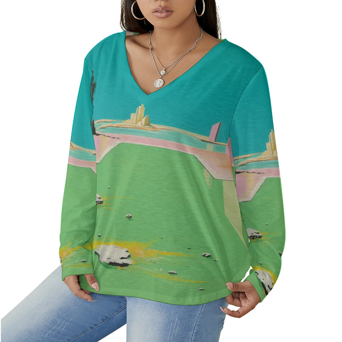 All-Over Print Women's V-neck T-shirt With Curved Hem(Plus Size)