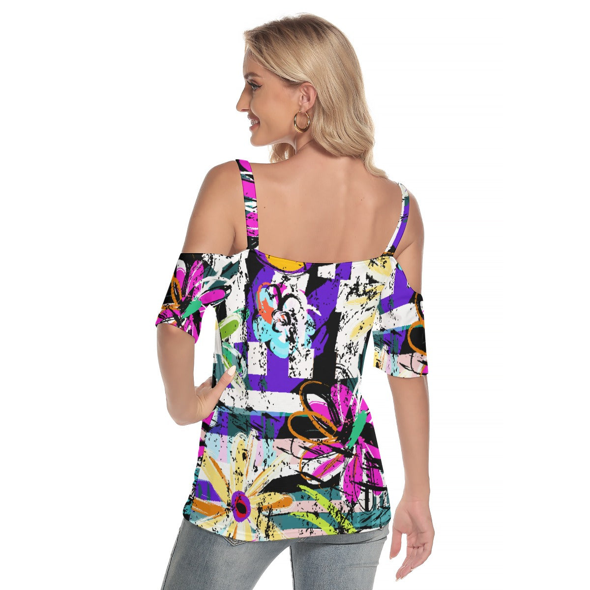 All-Over Print Women's Cold Shoulder T-shirt With Criss Cross Strips