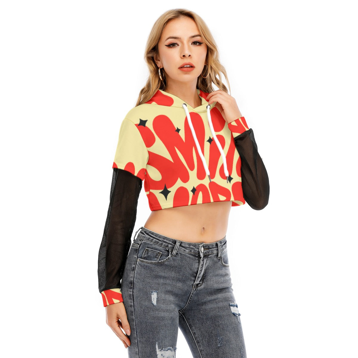 All-Over Print Women's Fake Two-piece Mesh Sleeve Cropped Hoodie