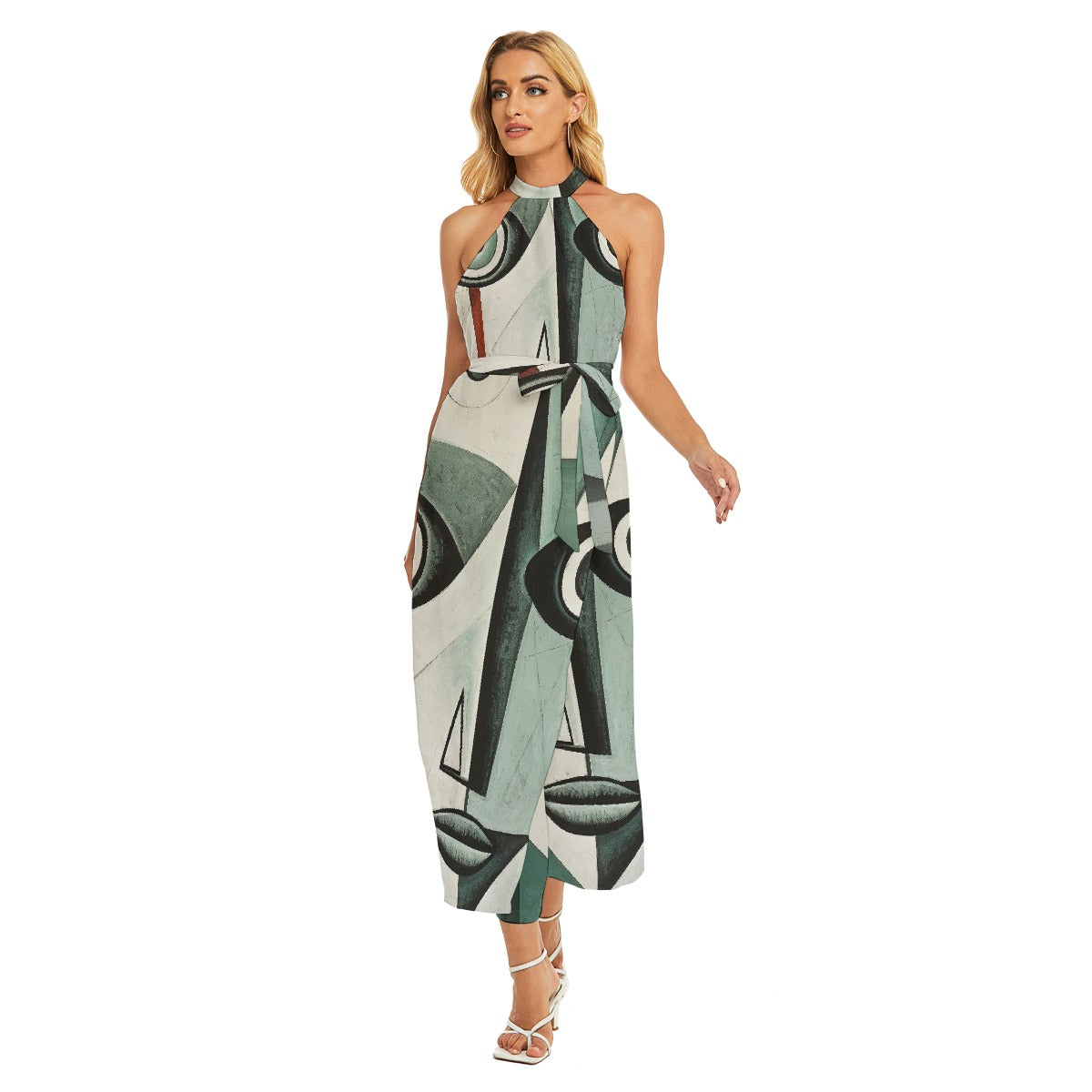 All-Over Print Women's Wrap Hem Belted Halter Dress