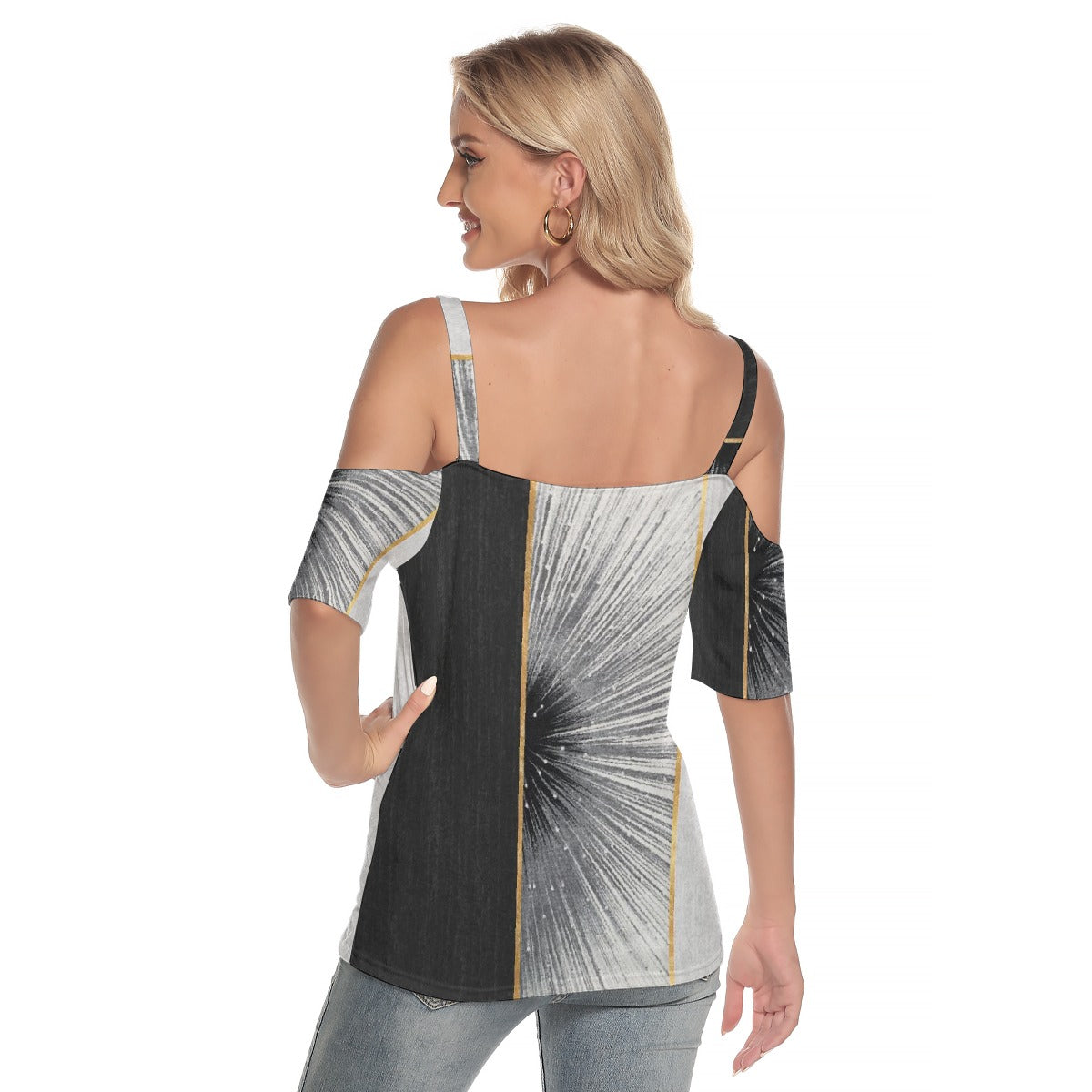 All-Over Print Women's Cold Shoulder T-shirt With Criss Cross Strips