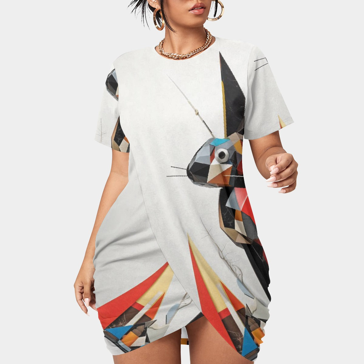 All-Over Print Women’s Stacked Hem Dress With Short Sleeve（Plus Size）