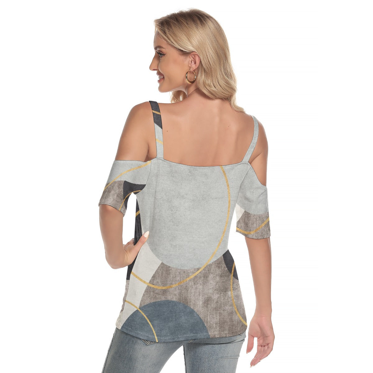 All-Over Print Women's Cold Shoulder T-shirt With Criss Cross Strips