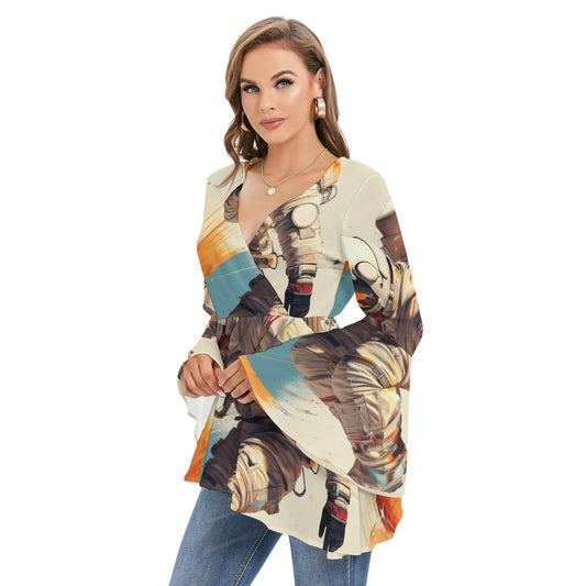 All-Over Print Women's V-neck Blouse With Flared Sleeves