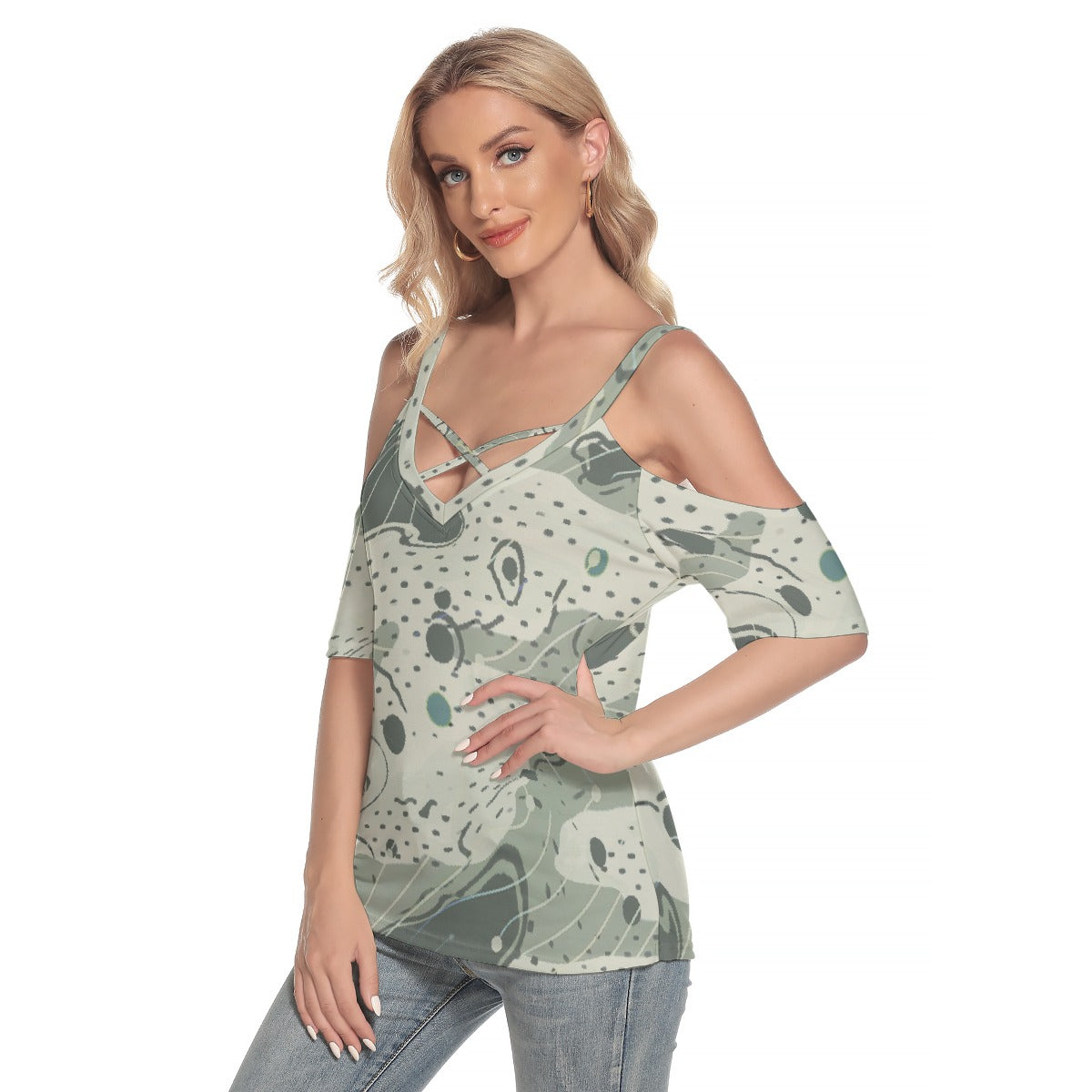 All-Over Print Women's Cold Shoulder T-shirt With Criss Cross Strips