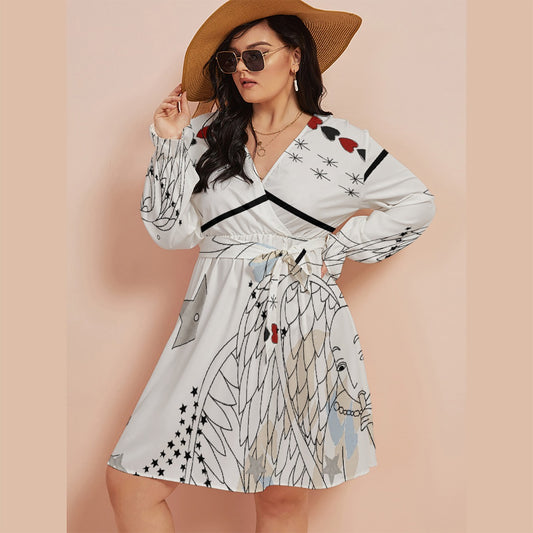 All-Over Print Women's V-neck Dress With Waistband(Plus Size)