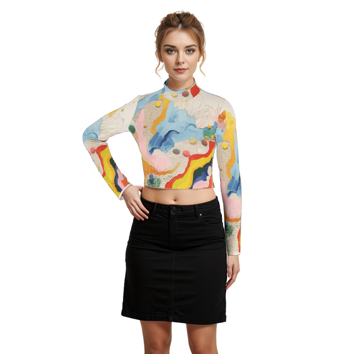 Eco-Friendly All-Over Print Women's Turtleneck T-shirt With Long Sleeve