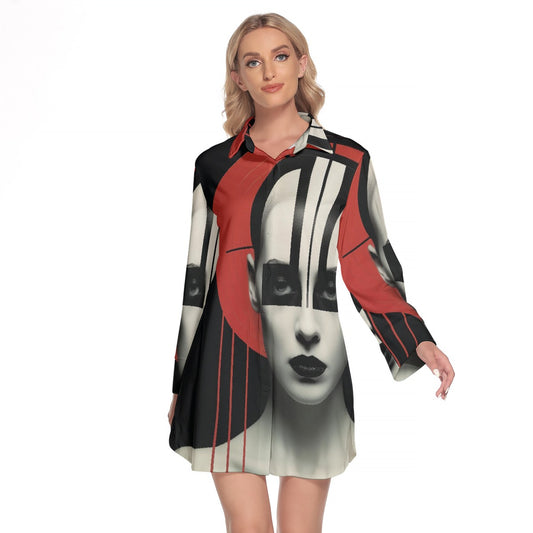 All-Over Print Women's Lapel Shirt Dress With Long Sleeve