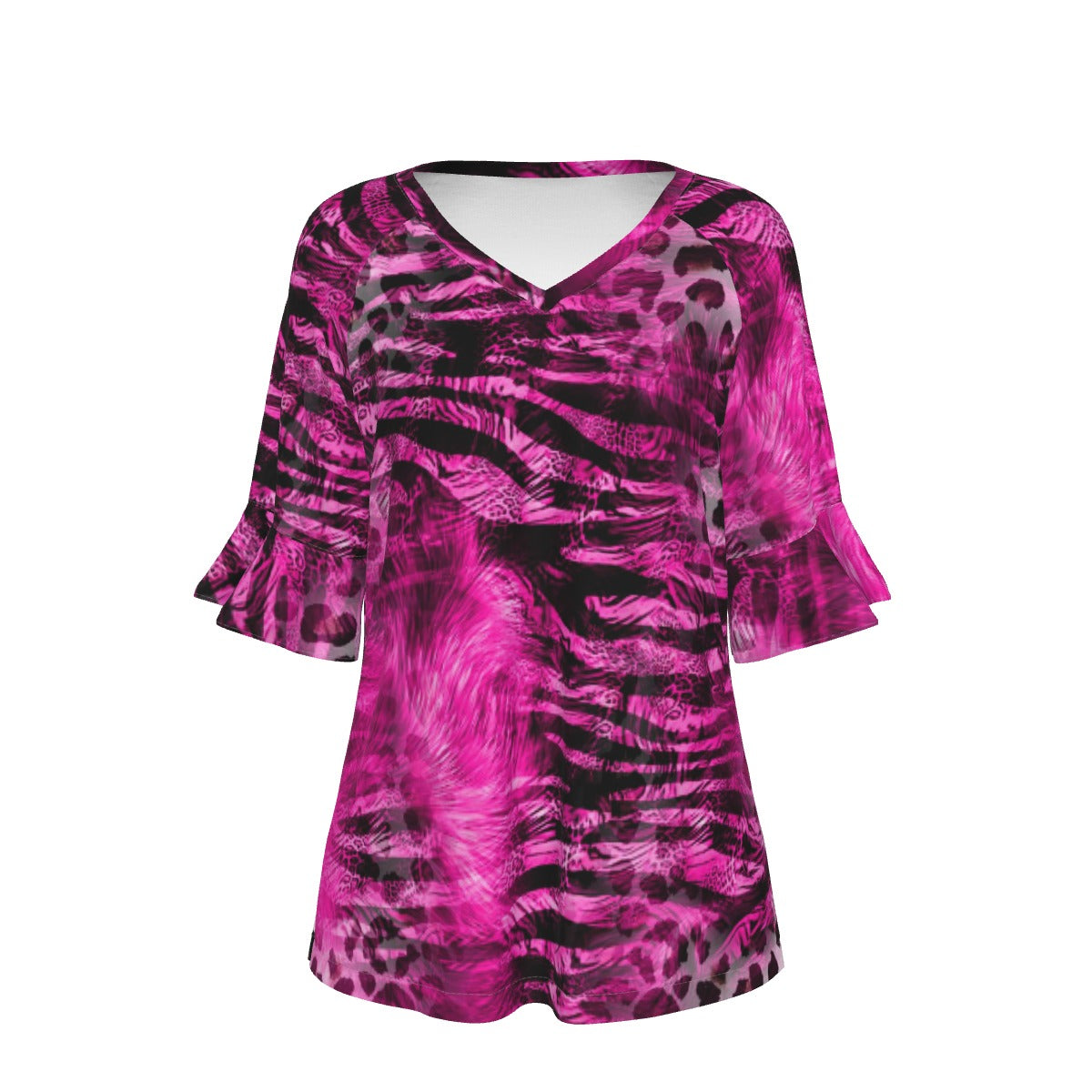 All-Over Print V-neck Women's T-shirt With Bell Sleeve