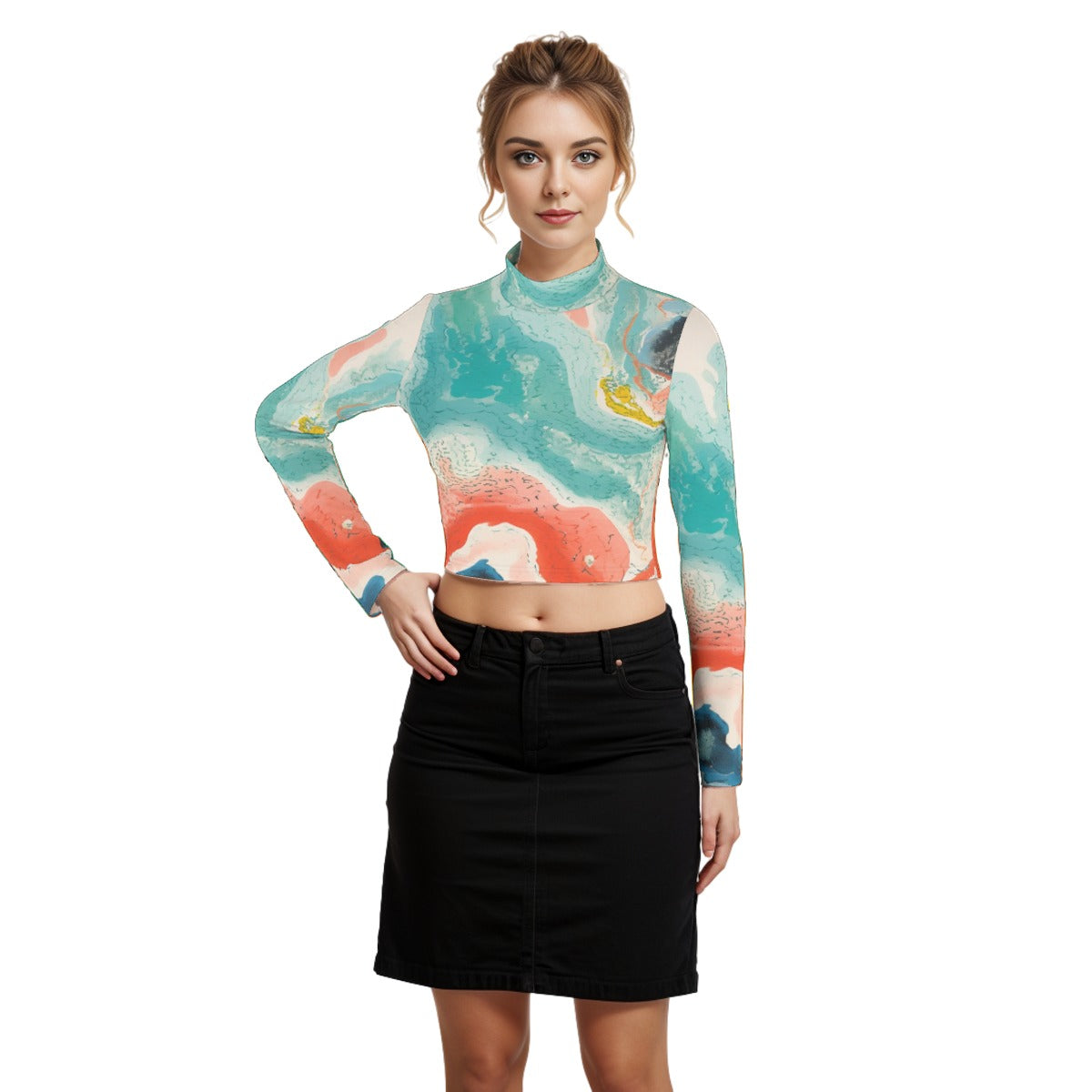 Eco-Friendly All-Over Print Women's Turtleneck T-shirt With Long Sleeve