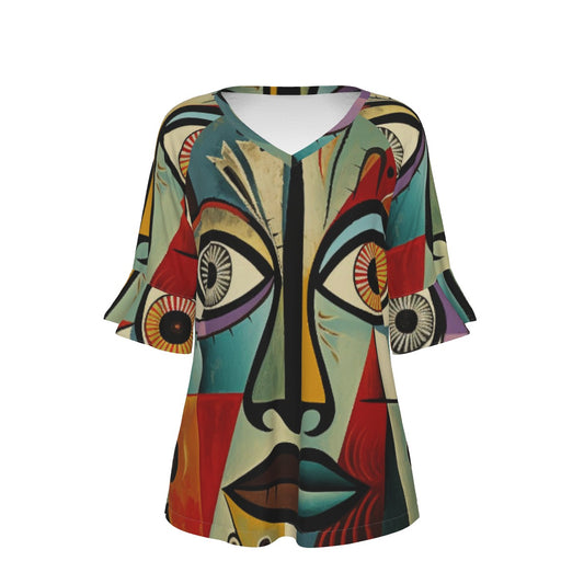 All-Over Print V-neck Women's T-shirt With Bell Sleeve