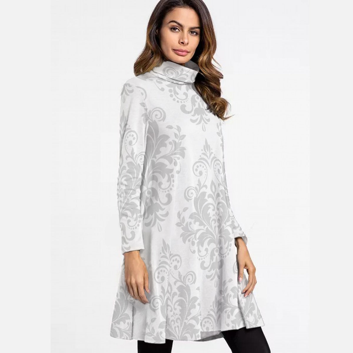 All-Over Print Women's High Neck Dress With Long Sleeve