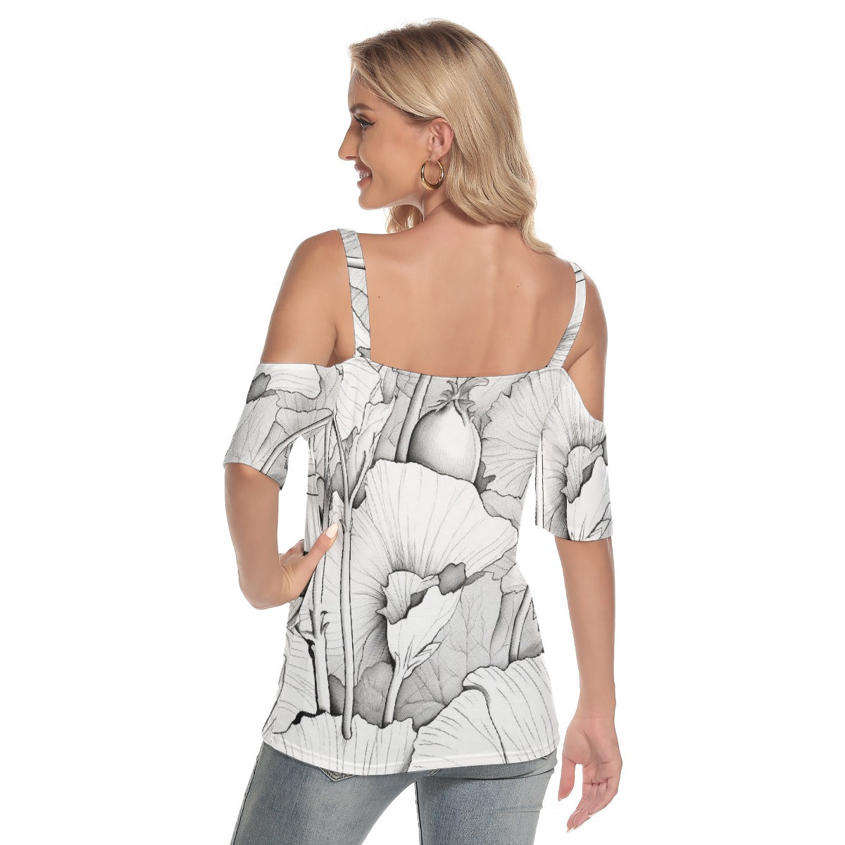 All-Over Print Women's Cold Shoulder T-shirt With Criss Cross Strips