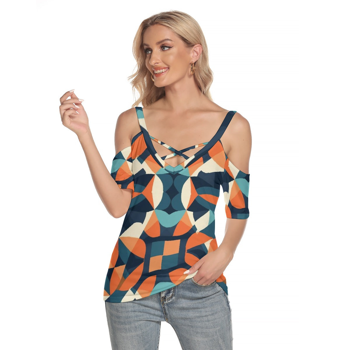 All-Over Print Women's Cold Shoulder T-shirt With Criss Cross Strips