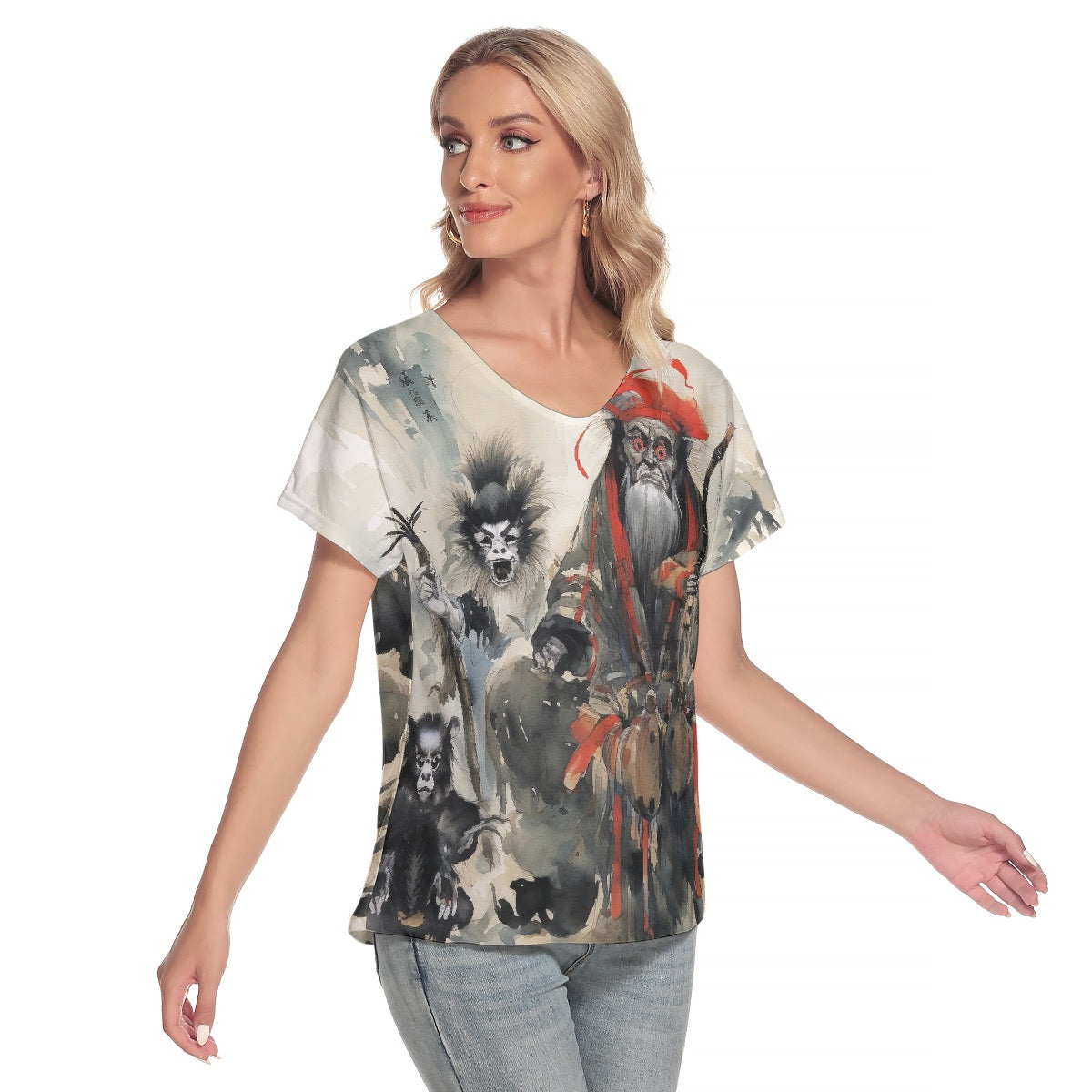 All-Over Print Women's Loose V-neck Short Sleeve T-shirt