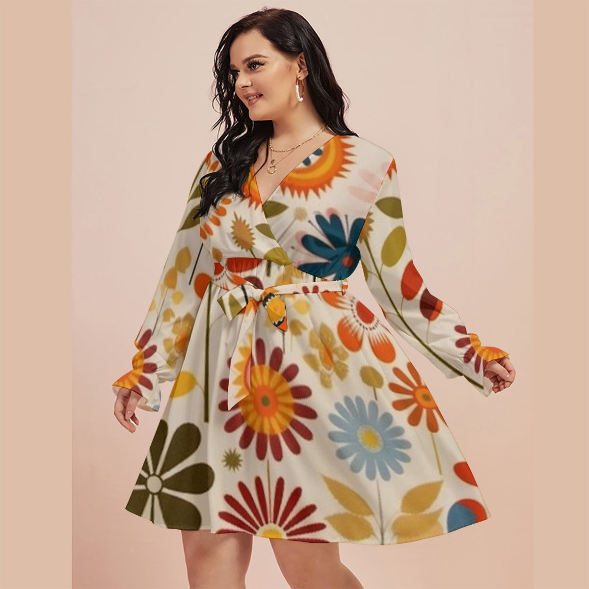 All-Over Print Women's V-neck Dress With Waistband(Plus Size)