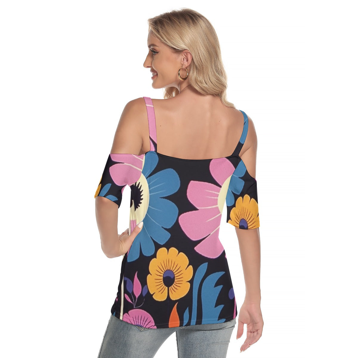 All-Over Print Women's Cold Shoulder T-shirt With Criss Cross Strips