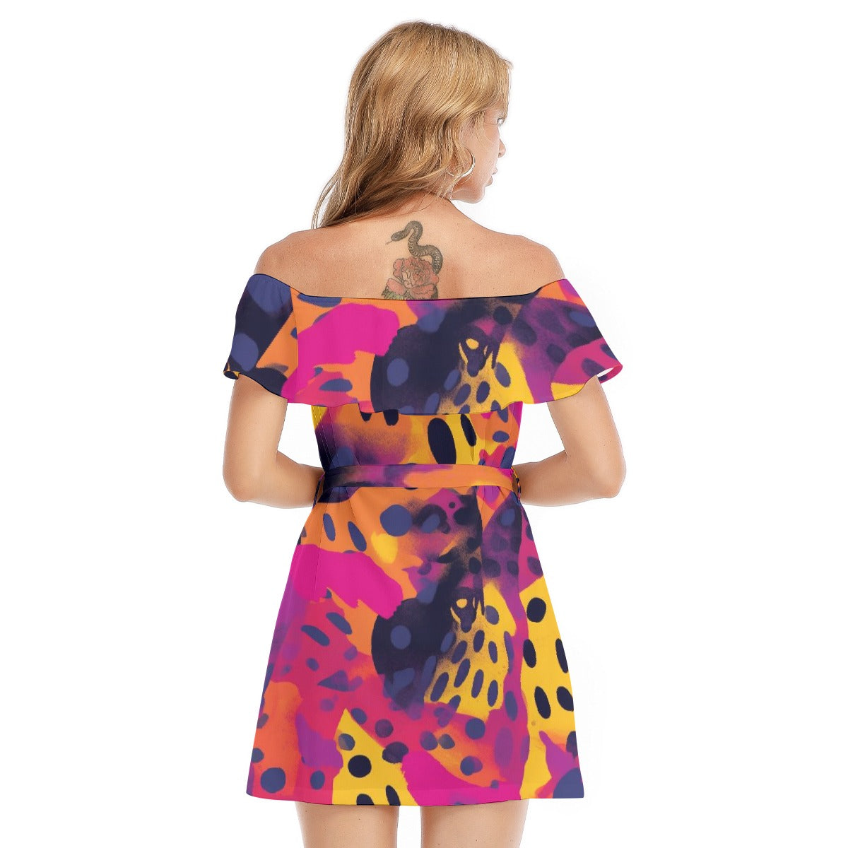 All-Over Print Women's Off-shoulder Dress With Ruffle