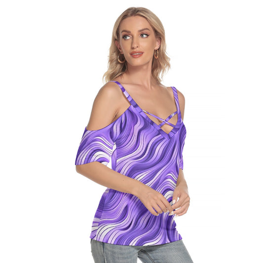 All-Over Print Women's Cold Shoulder T-shirt With Criss Cross Strips