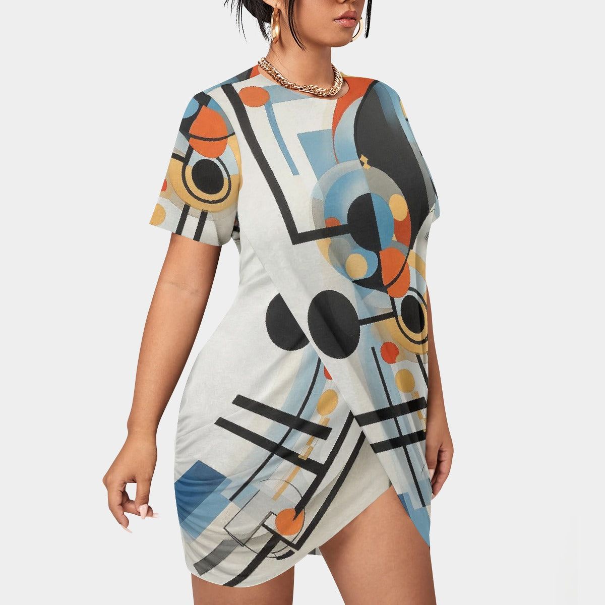 All-Over Print Women’s Stacked Hem Dress With Short Sleeve（Plus Size）