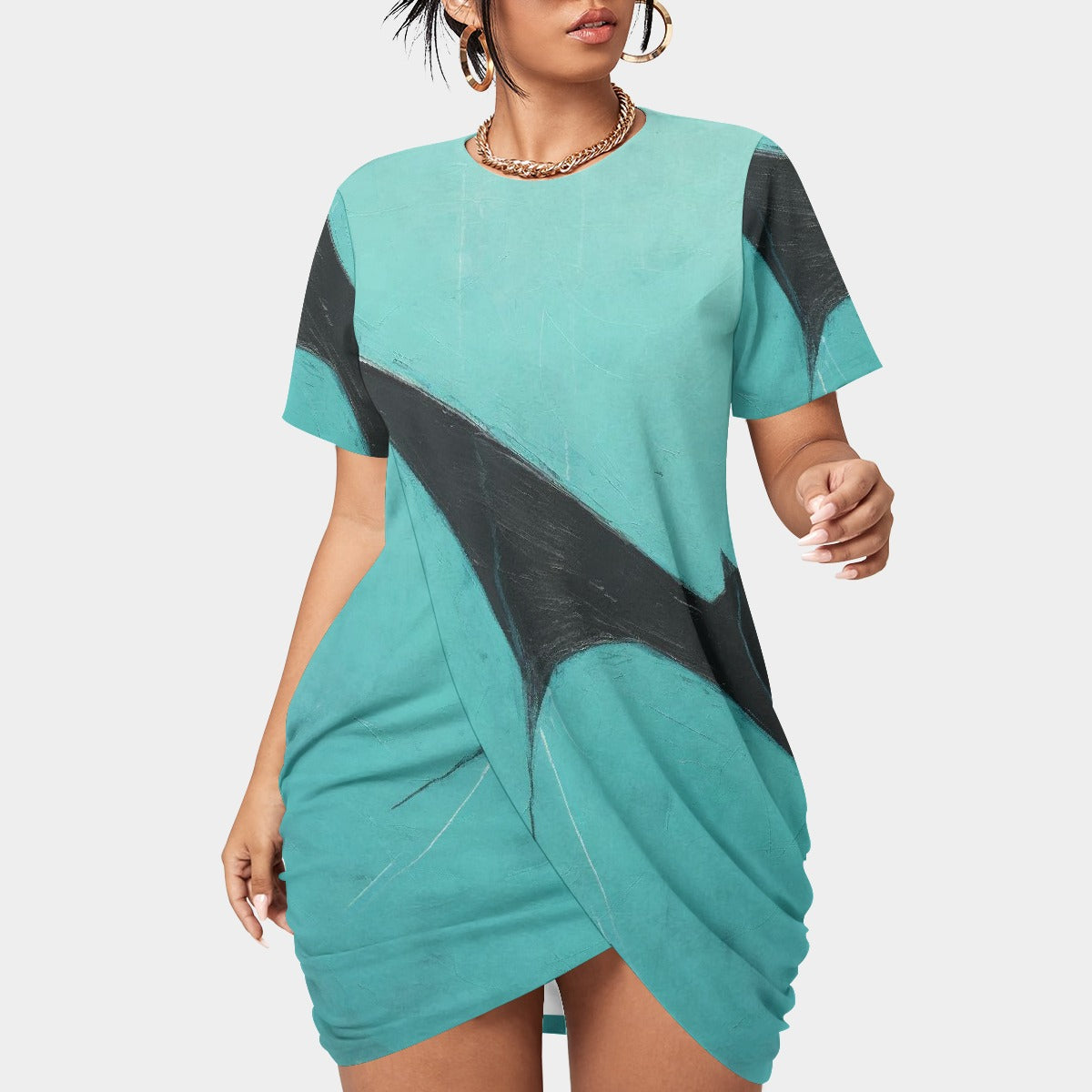 All-Over Print Women’s Stacked Hem Dress With Short Sleeve（Plus Size）