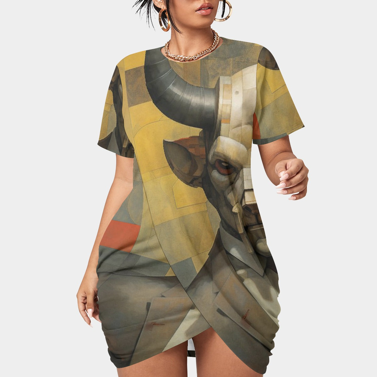 All-Over Print Women’s Stacked Hem Dress With Short Sleeve（Plus Size）