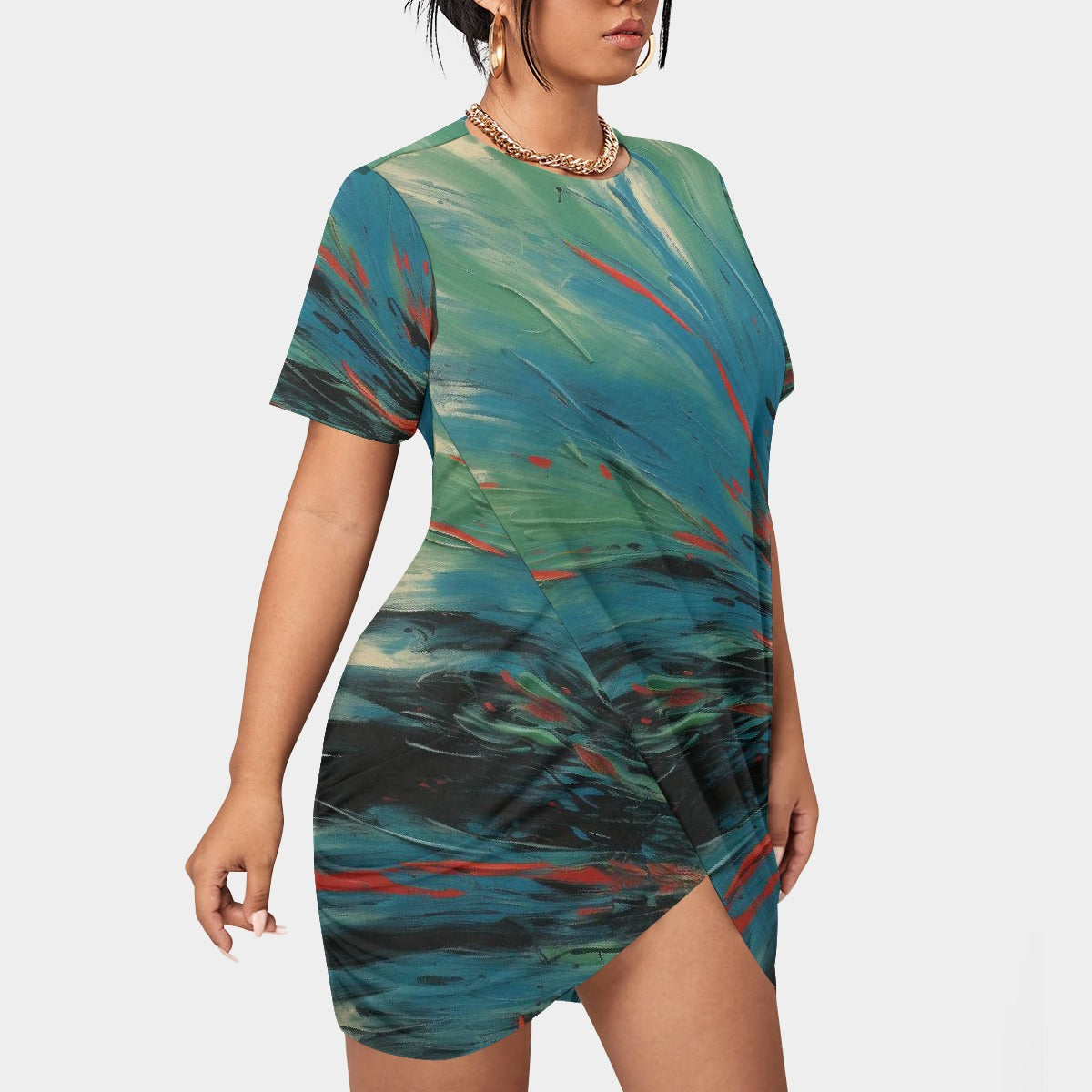 All-Over Print Women’s Stacked Hem Dress With Short Sleeve（Plus Size）