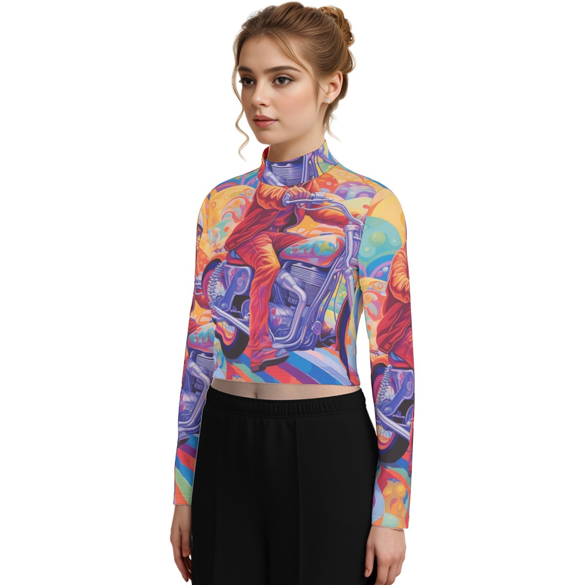 Eco-Friendly All-Over Print Women's Turtleneck T-shirt With Long Sleeve