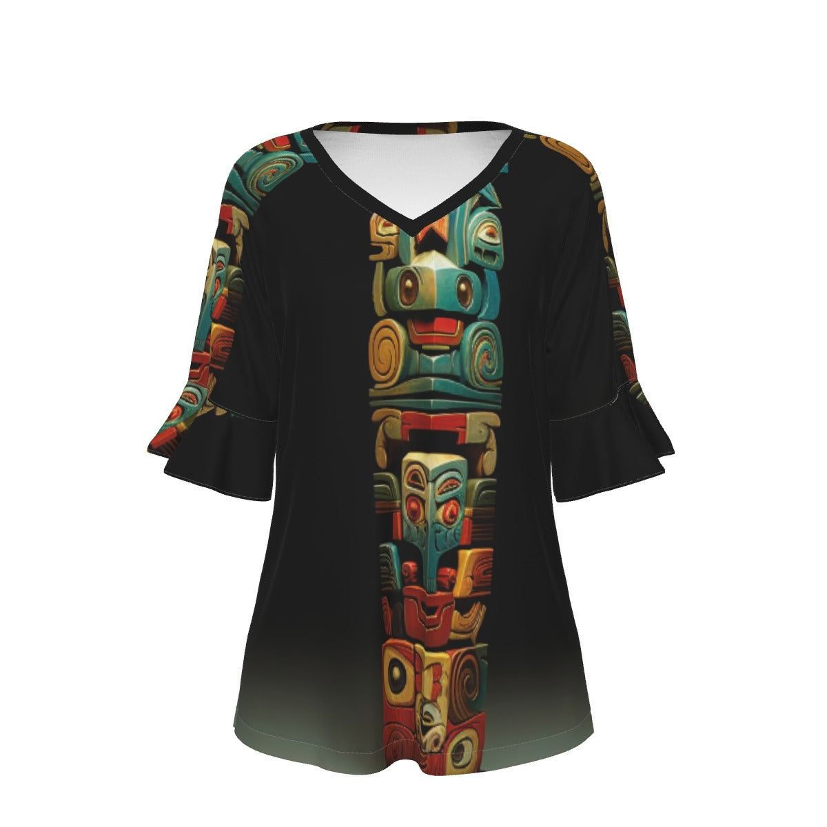 All-Over Print V-neck Women's T-shirt With Bell Sleeve