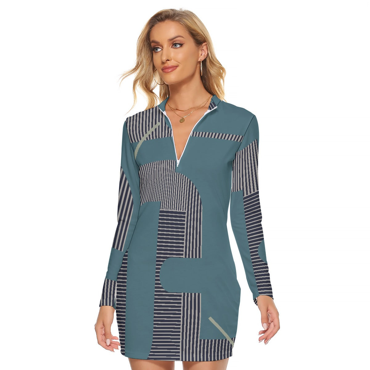 All-Over Print Women's Zip Front Tight Dress