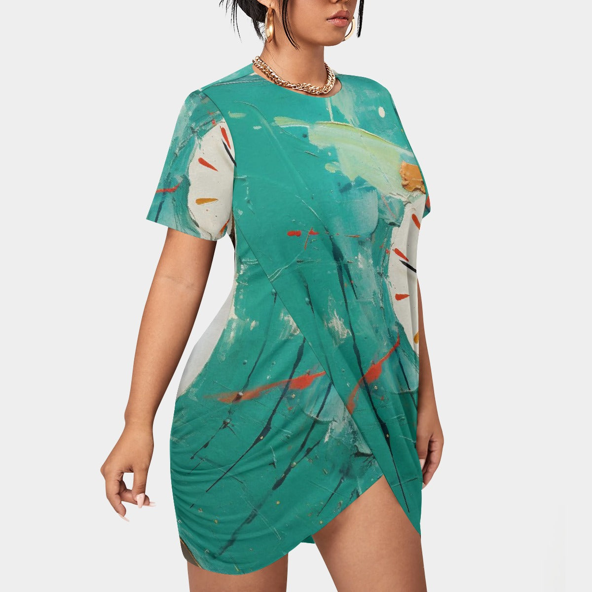 All-Over Print Women’s Stacked Hem Dress With Short Sleeve（Plus Size）