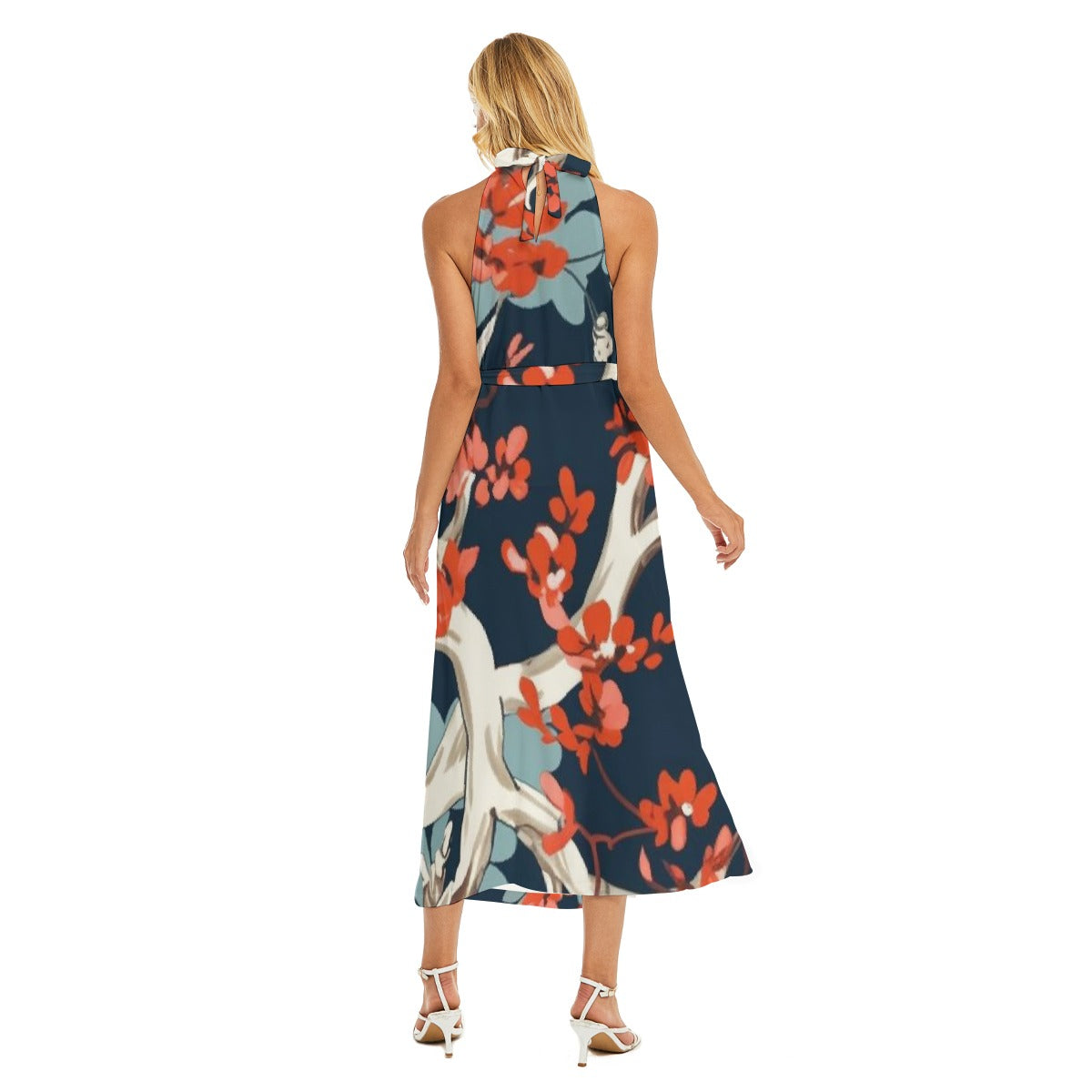 All-Over Print Women's Wrap Hem Belted Halter Dress