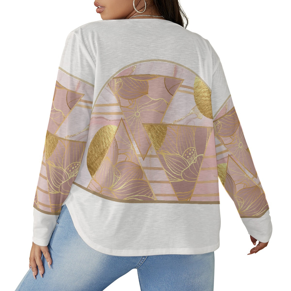 All-Over Print Women's V-neck T-shirt With Curved Hem(Plus Size)