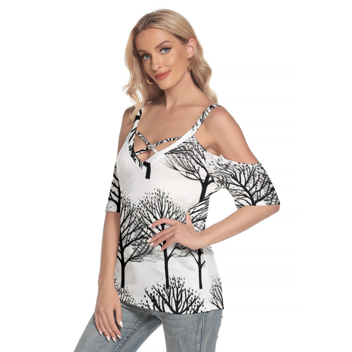 All-Over Print Women's Cold Shoulder T-shirt With Criss Cross Strips