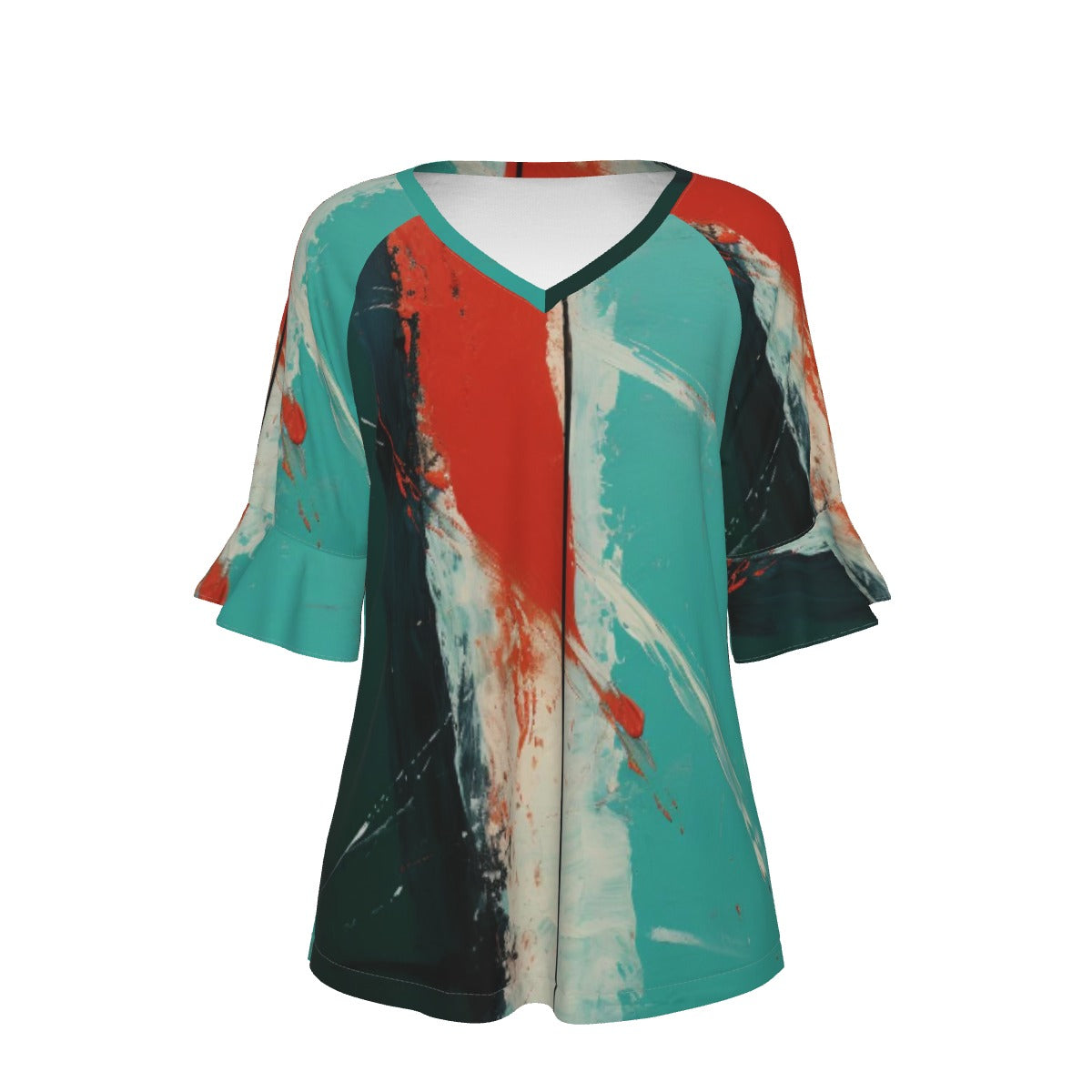 All-Over Print V-neck Women's T-shirt With Bell Sleeve