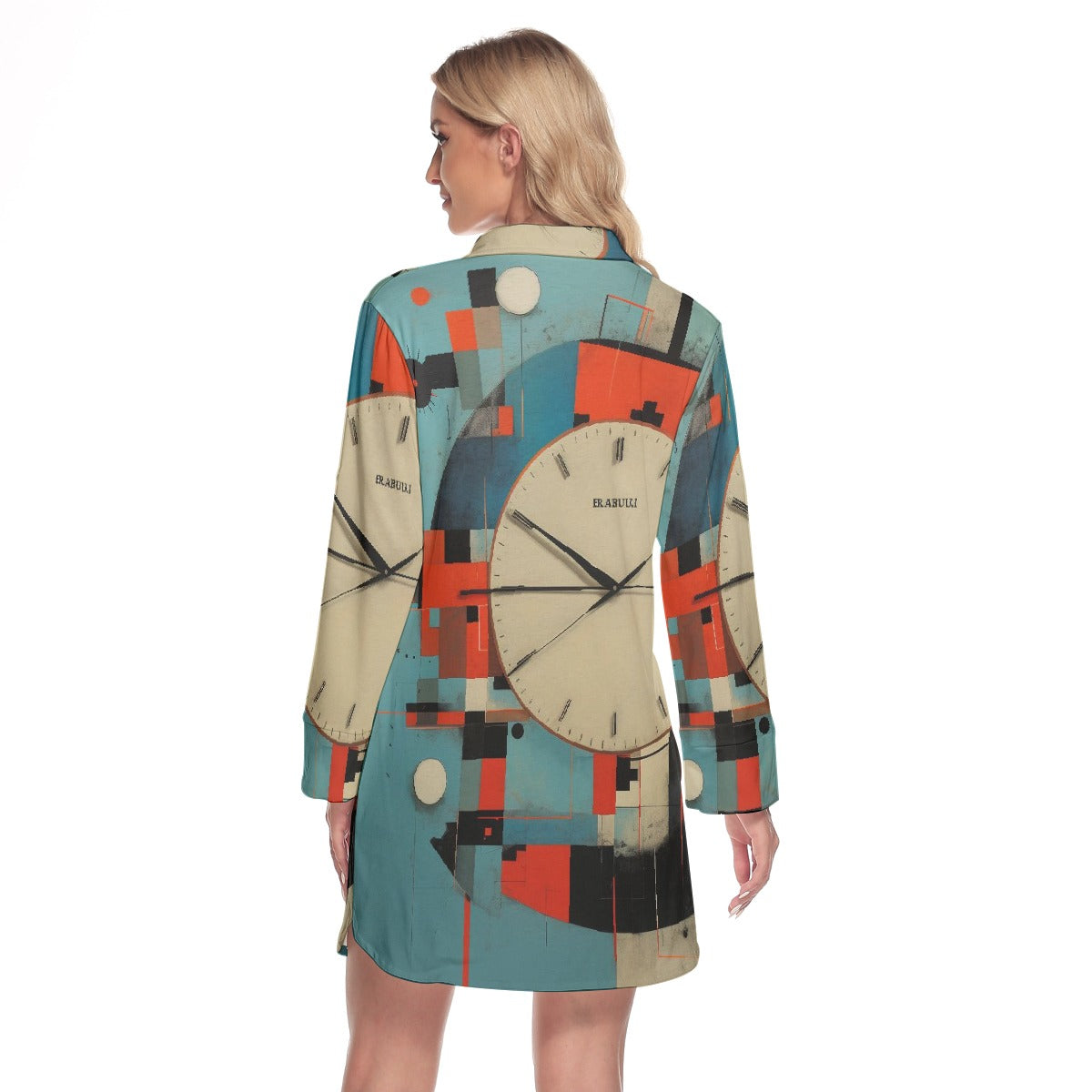 All-Over Print Women's Lapel Shirt Dress With Long Sleeve