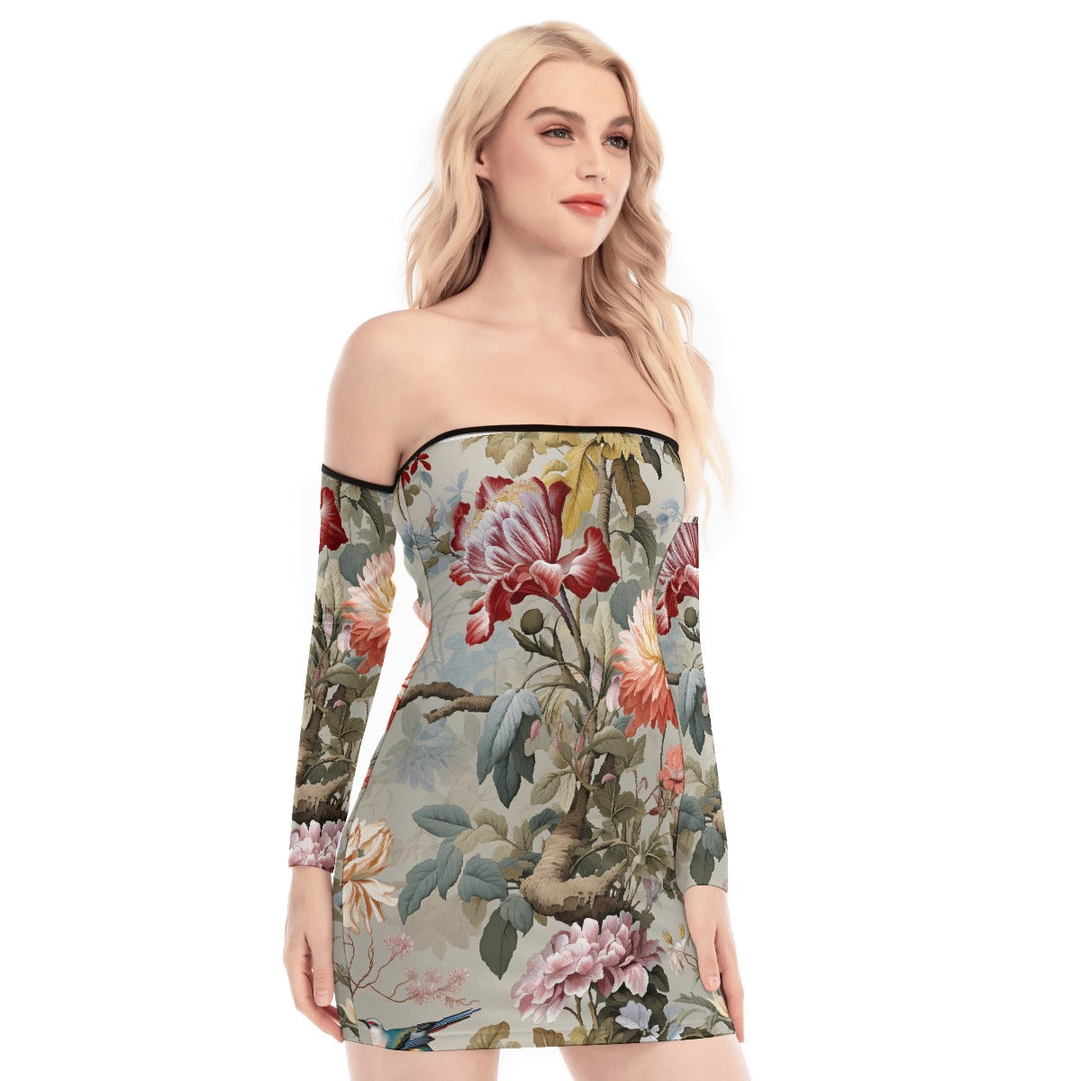 All-Over Print Women's Off-shoulder Back Lace-up Dress