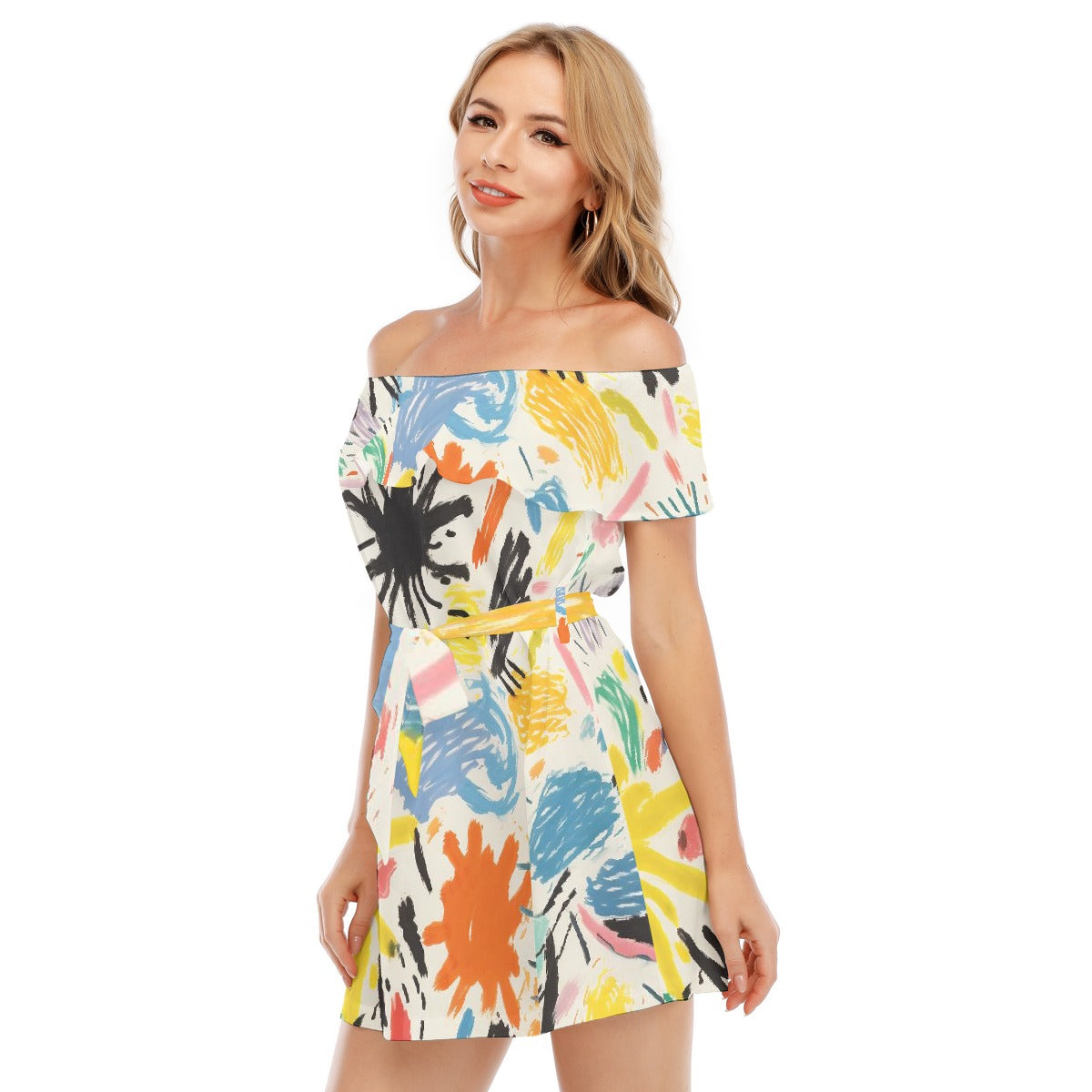 All-Over Print Women's Off-shoulder Dress With Ruffle